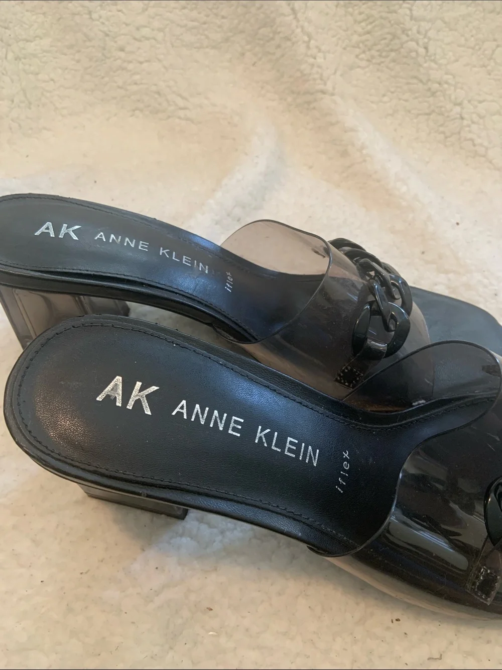 Anne Klein Black Slide Sandals with Clear Strap and Chain Accent